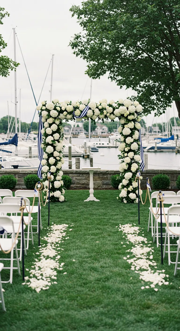 Nautische ceremonie bij een haven met een witte hortensiaboog en blauw-witte linten.