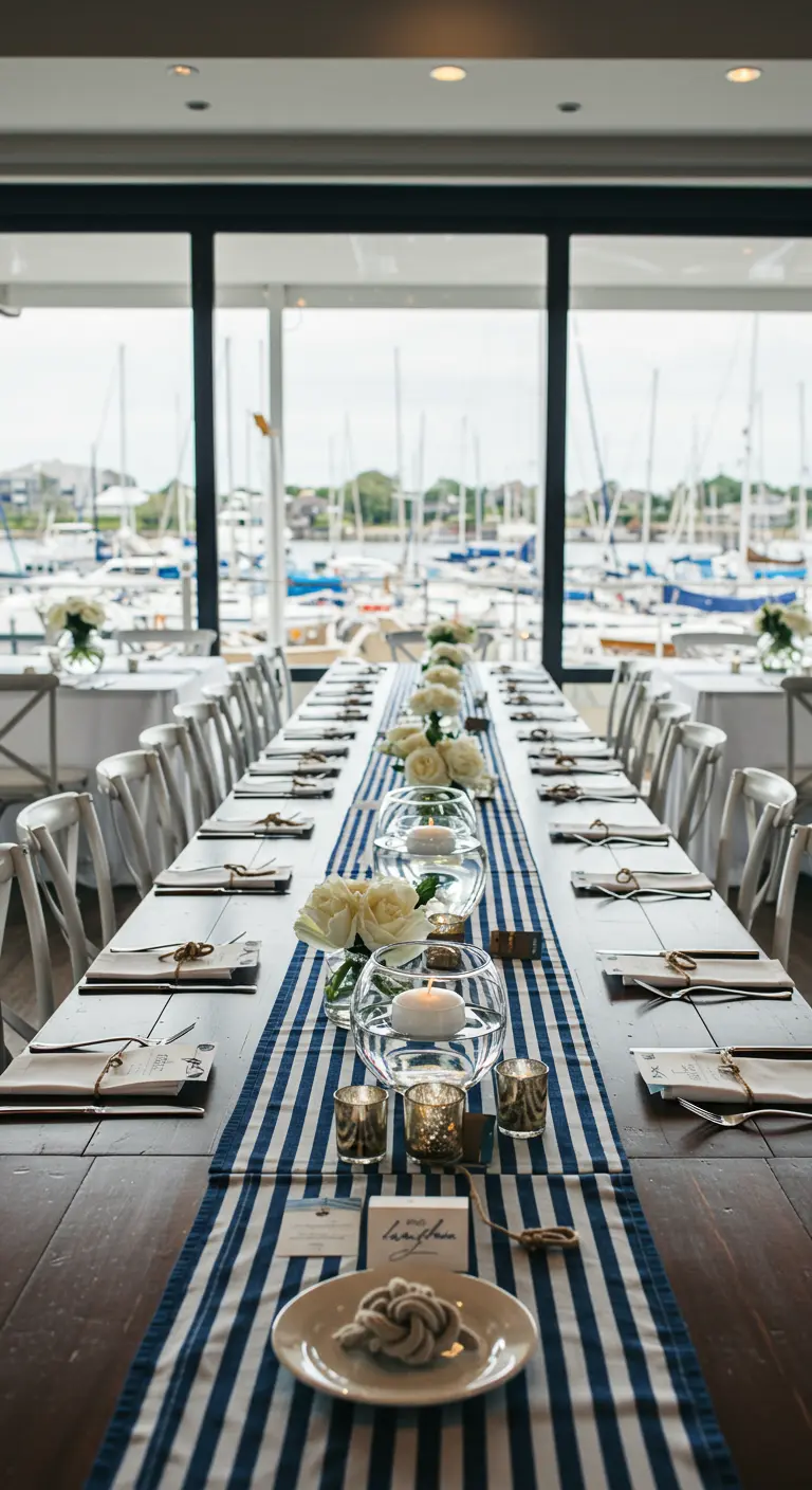 Lange dinertafel met een blauw-wit gestreepte loper en nautische details zoals touw.