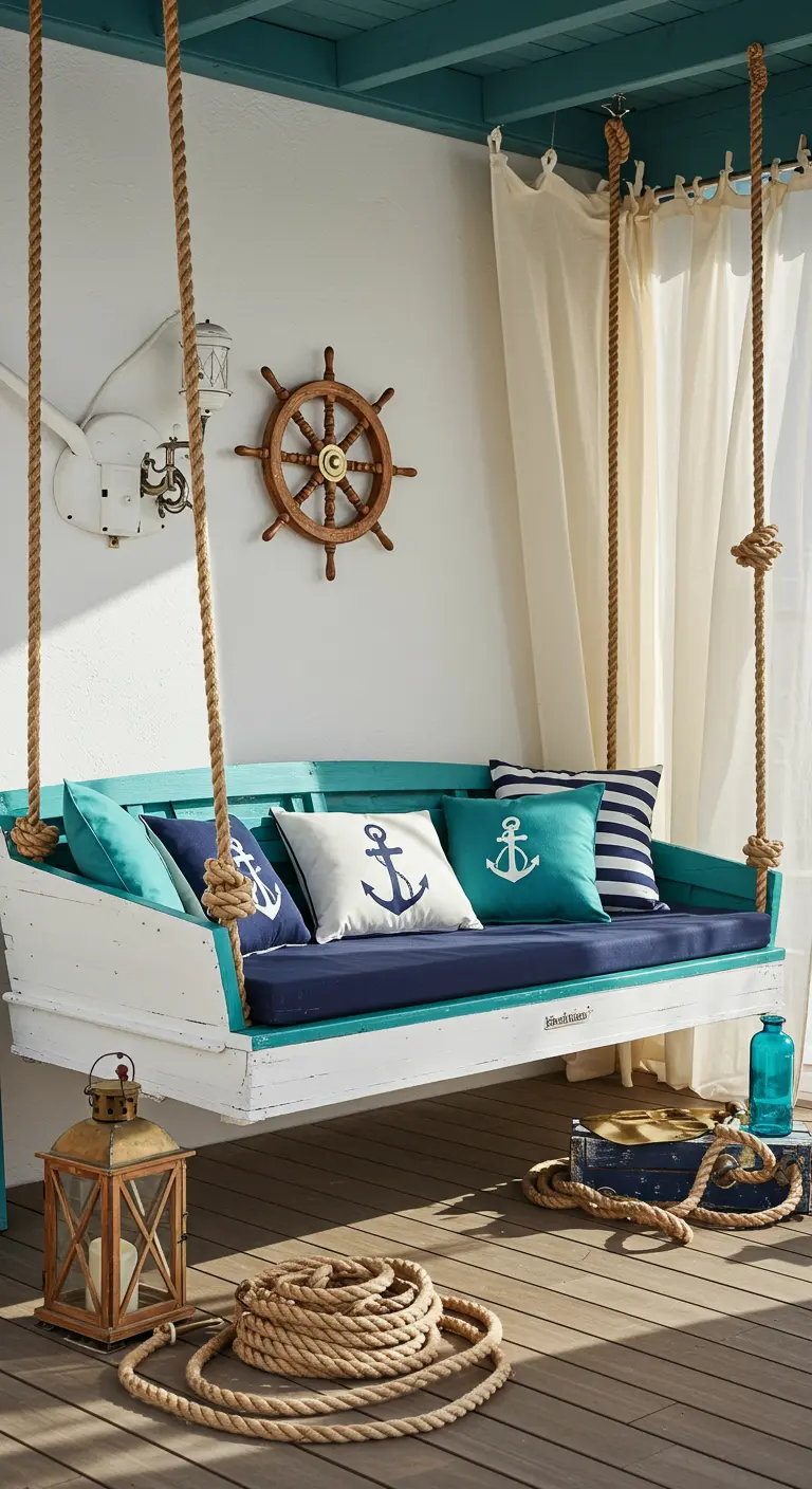 Wit-turquoise schommelbank met nautische kussens, dikke touwen en een stuurwiel aan de muur.