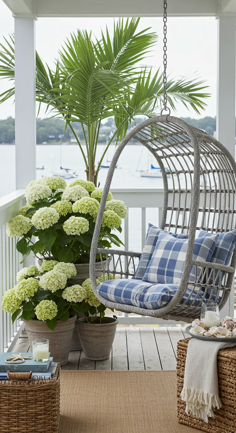 Grijze rotan hangstoel met blauw-wit geruite kussens op een veranda bij het water.