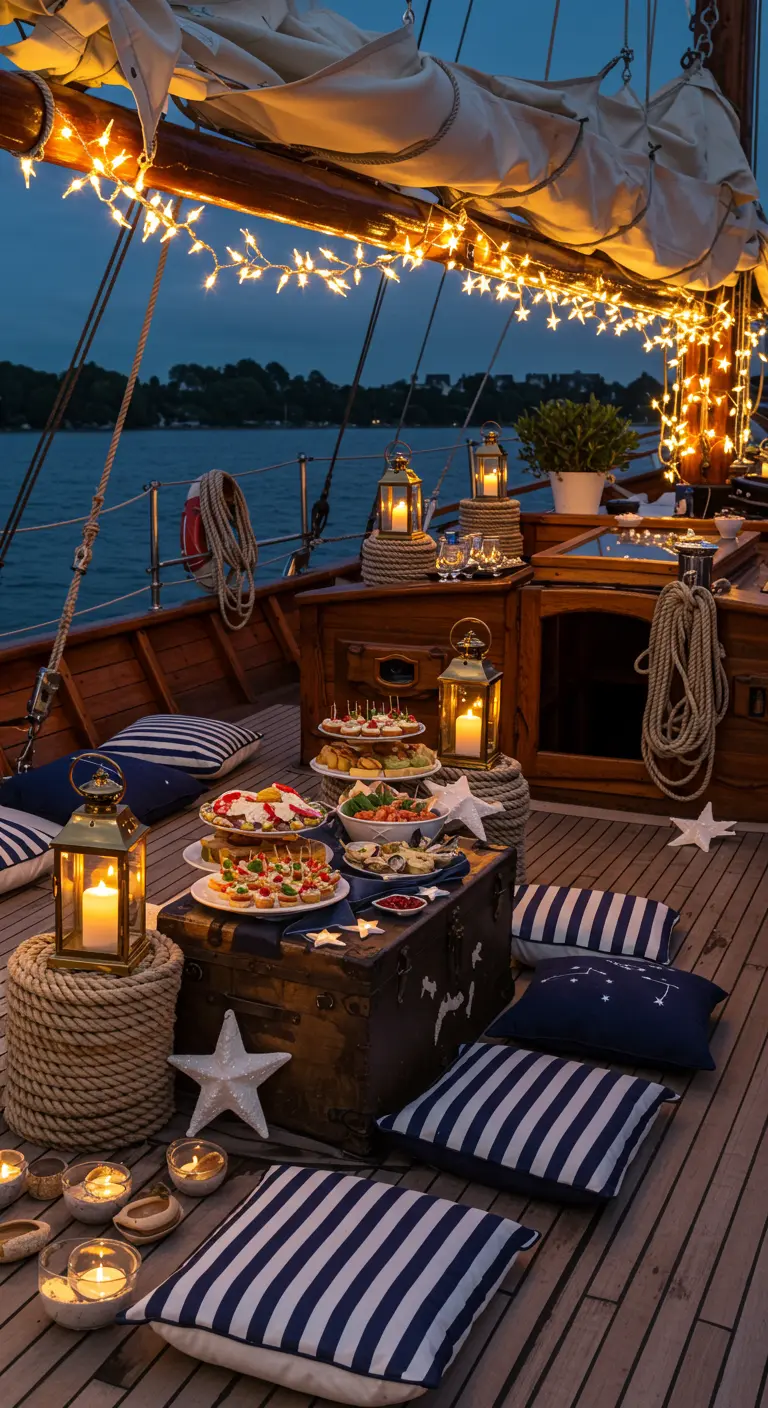 Buffet op het dek van een zeilboot, versierd met lantaarns, touwen en kussens.