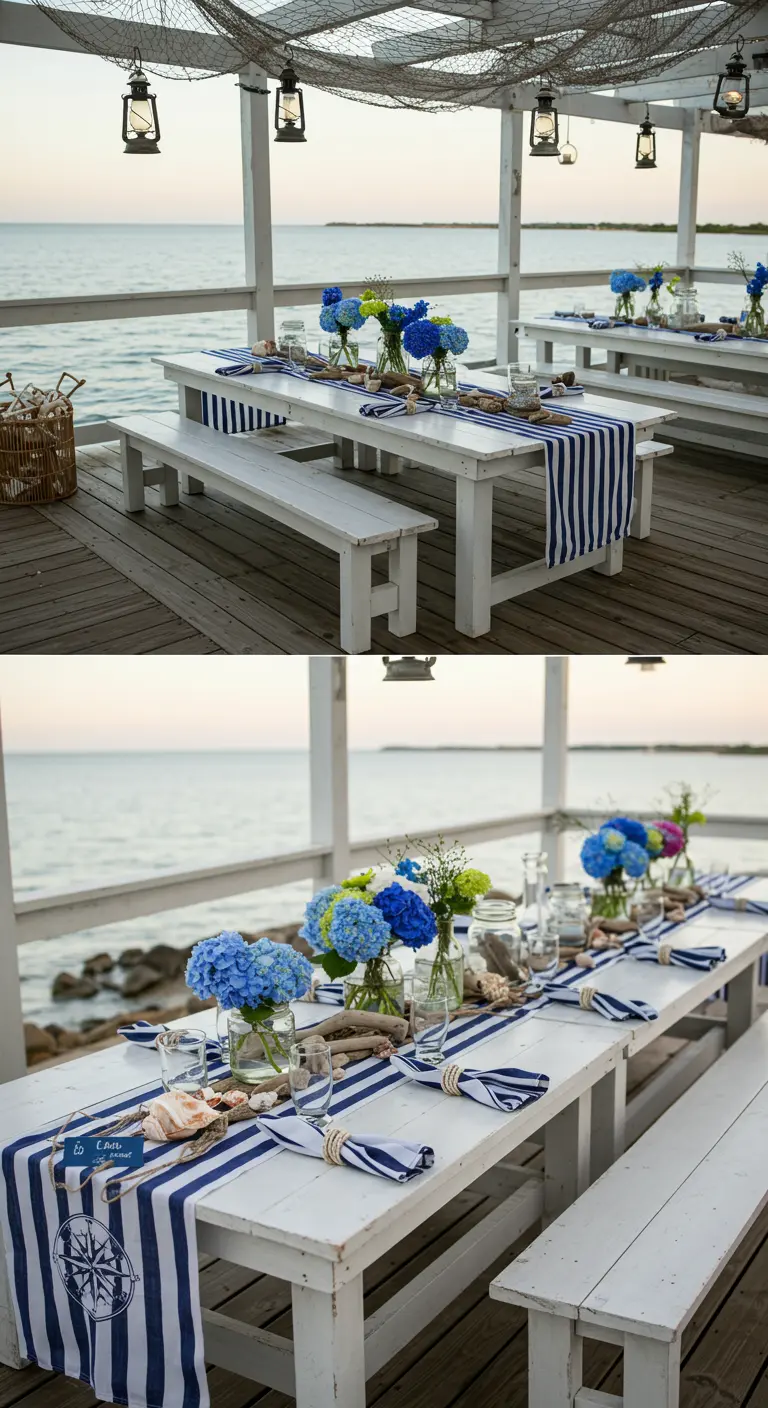 Nautical wedding table on pier with blue striped runner, blue hydrangeas, shells, and rope.