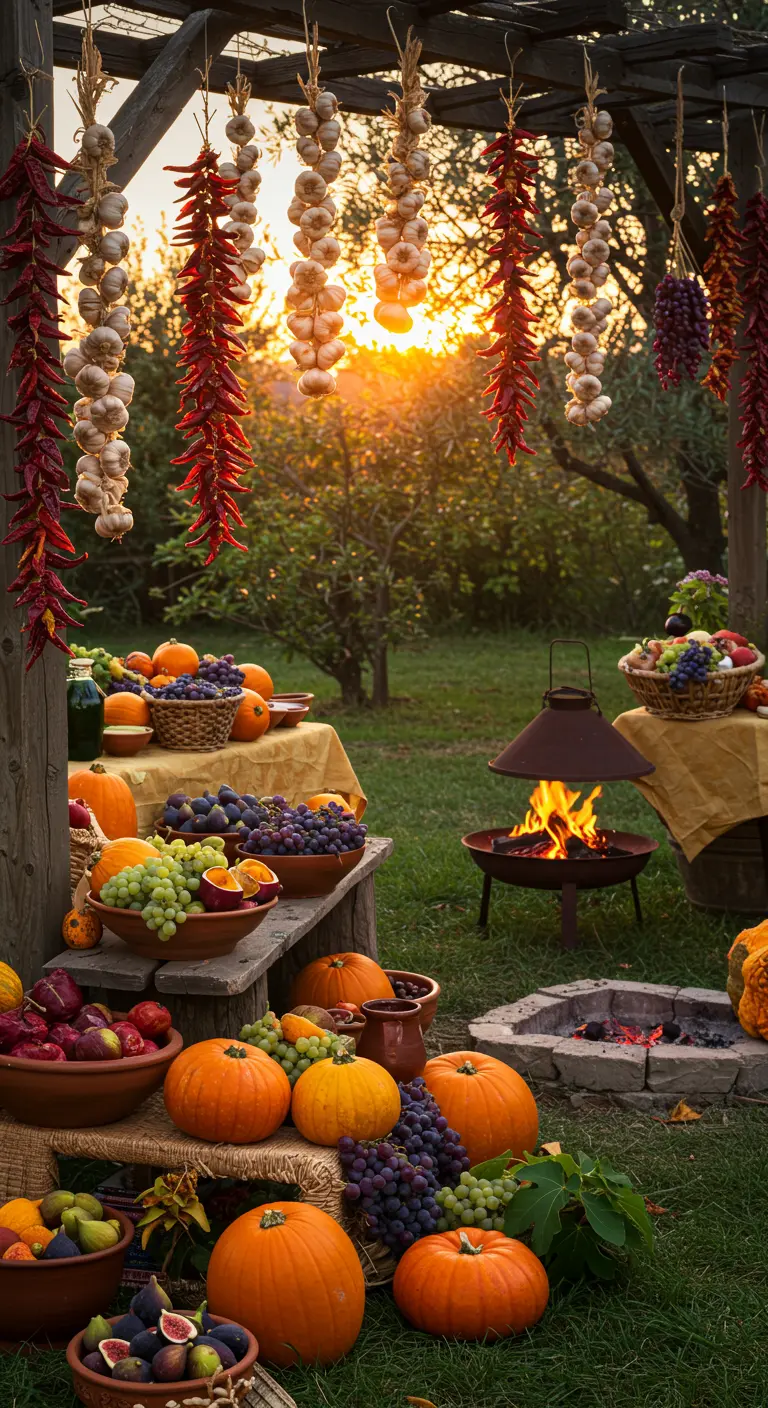 Herfstige oogsttafel met pompoenen, druiven en een vuurkorf bij zonsondergang.