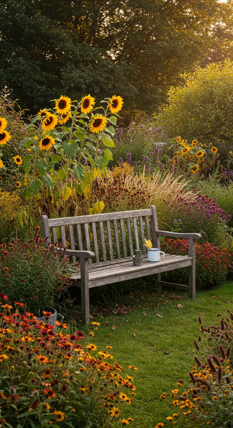 Vergrijsd houten bankje in een weelderige tuin met zonnebloemen en herfstbloeiers.