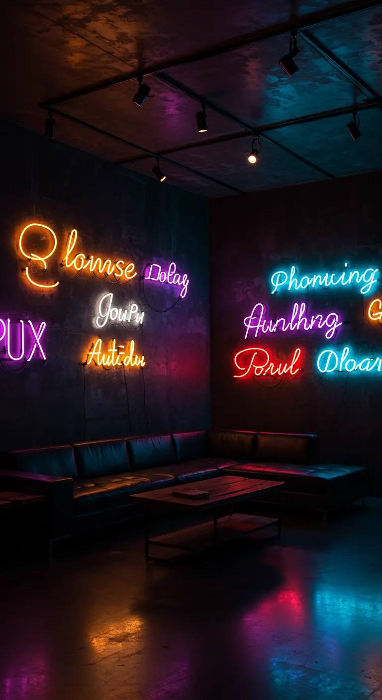 Donkere woonkamer met een zwarte leren bank, verlicht door diverse kleurrijke neon-teksten aan de muur.