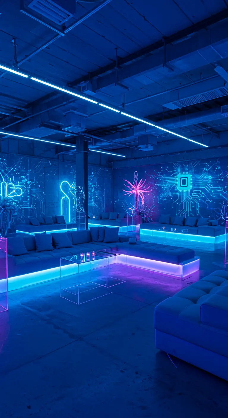 Futuristische lounge met blauwe en roze neonlichten en minimalistische glazen tafels.