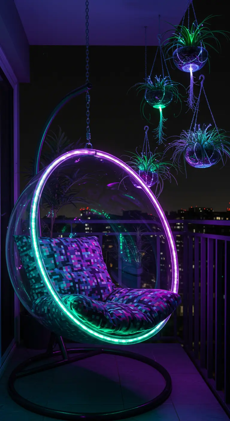 Transparante hangstoel verlicht met paarse en groene neon LED-strips op een donker stadsbalkon.