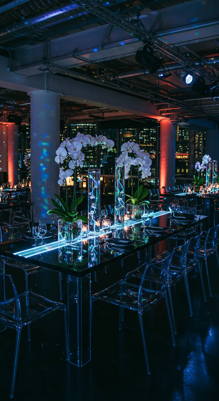 Futuristische tafel met neonverlichting, orchideeën en transparante stoelen.