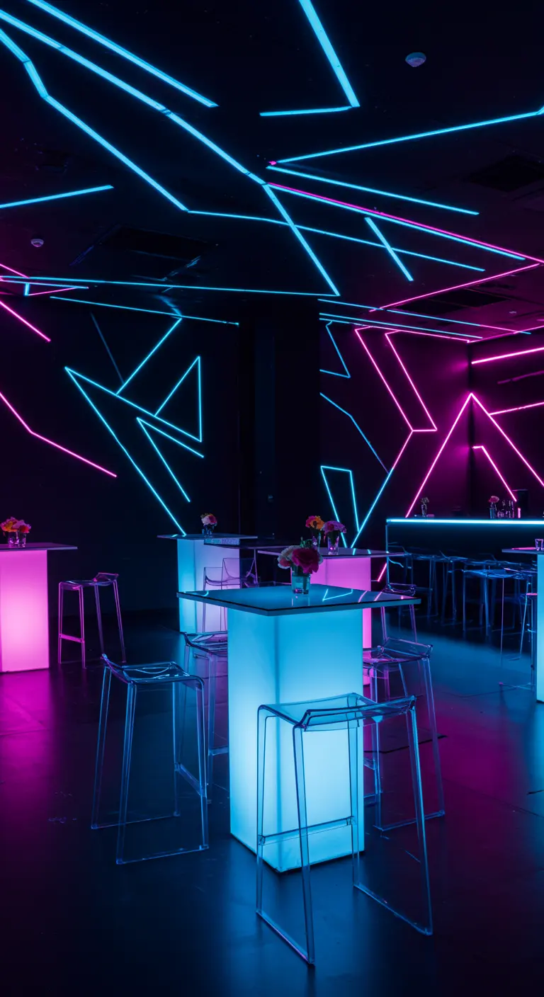 Donkere ruimte verlicht met neonlichten in geometrische patronen op muren en plafond, met lichtgevende tafels en stoelen.