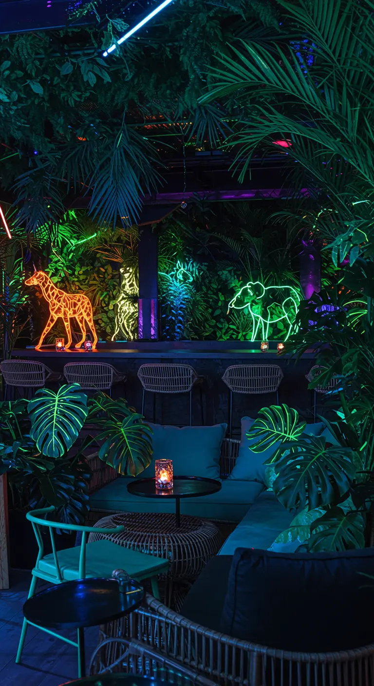 Bar omgeven door tropische planten en neon dierenfiguren.
