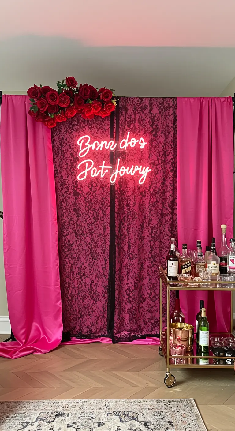 Roze backdrop met zwart kant, een neonbord en een barkarretje.