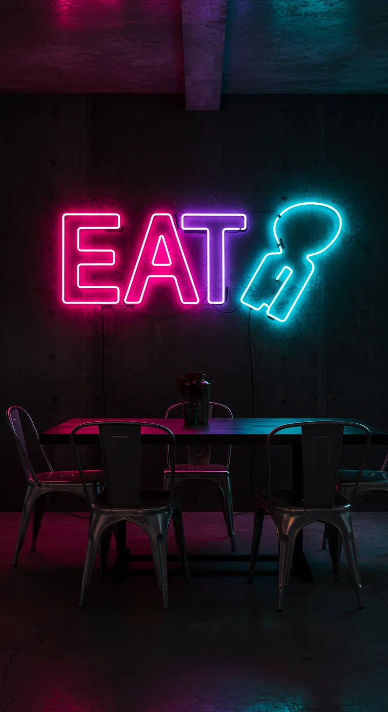 Donkere, industriële eetruimte met een felroze en blauw neonbord met het woord 'EAT'.