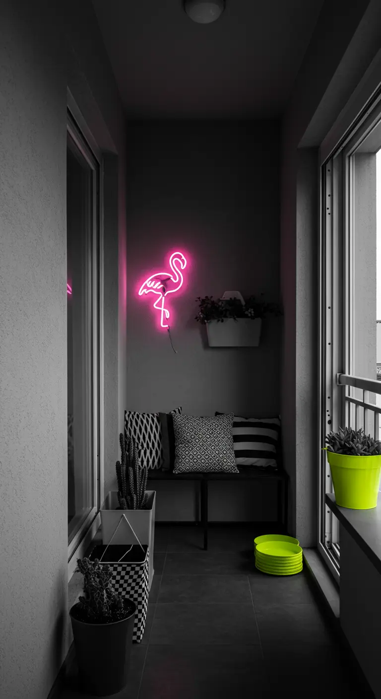 Donkergrijs balkon met een roze neon-flamingo aan de muur als enige felle kleuraccent.