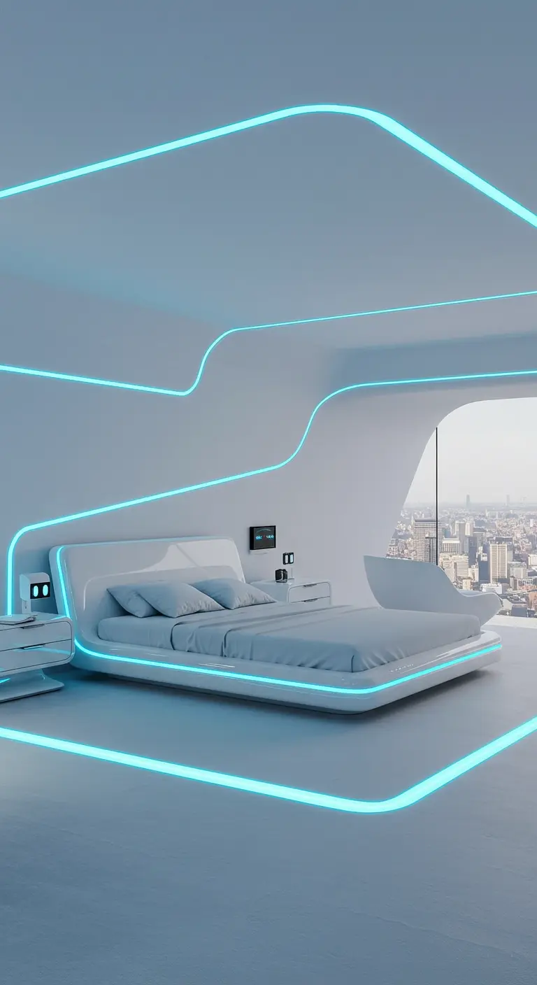 Witte futuristische slaapkamer met zwevend bed en helderblauwe neon LED-lijnen op muren en plafond.