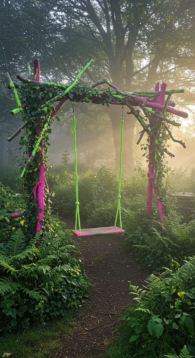 Rustieke schommel met frame van takken, deels beschilderd in neonroze en -groen.