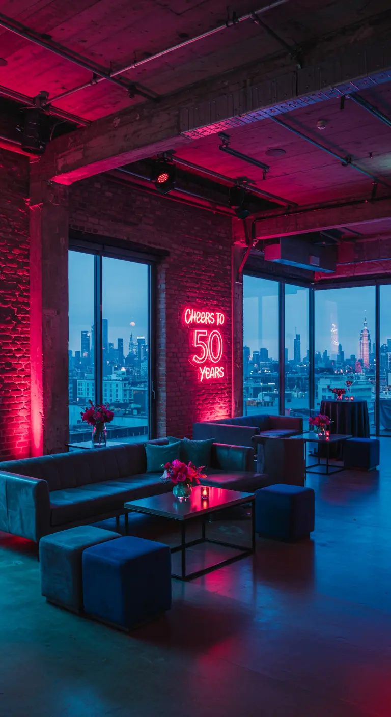 Moderne feestzaal met rode en blauwe neonverlichting en 'Cheers to 50 Years' neonbord.