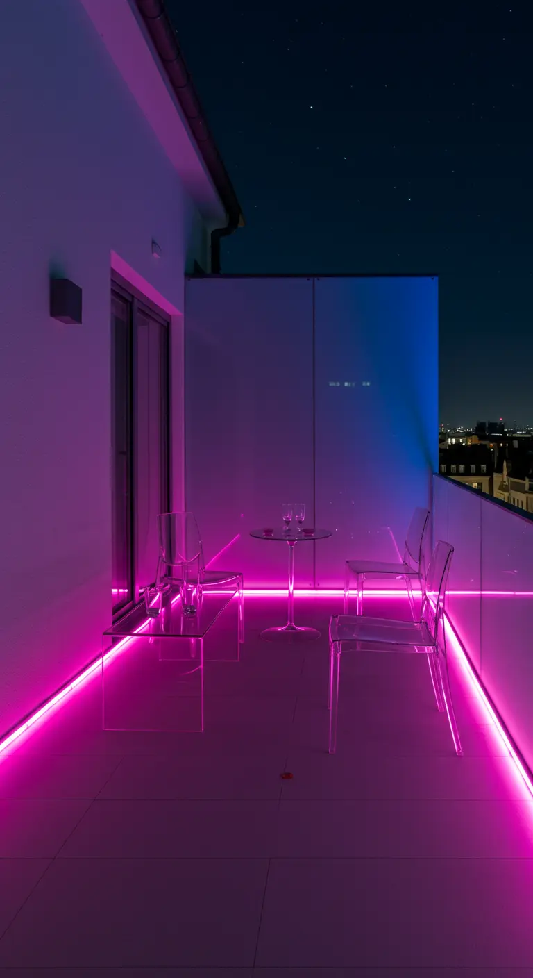 Modern balkon 's nachts, verlicht met roze en paarse LED-strips en transparante meubels.