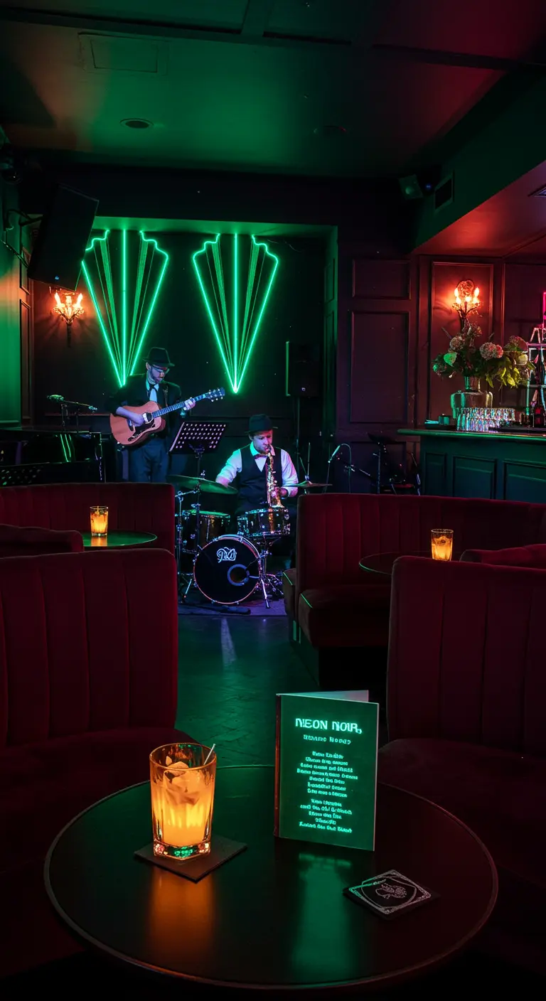 Donkere bar met art-deco neonverlichting en live band.