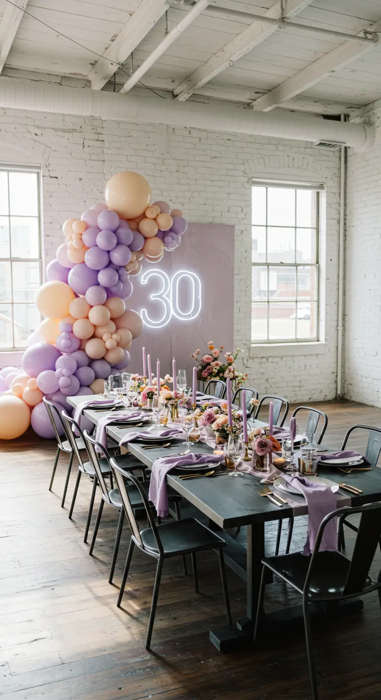 Feesttafel in industriële ruimte met pastel ballonnenboog en neon '30' aan de muur.