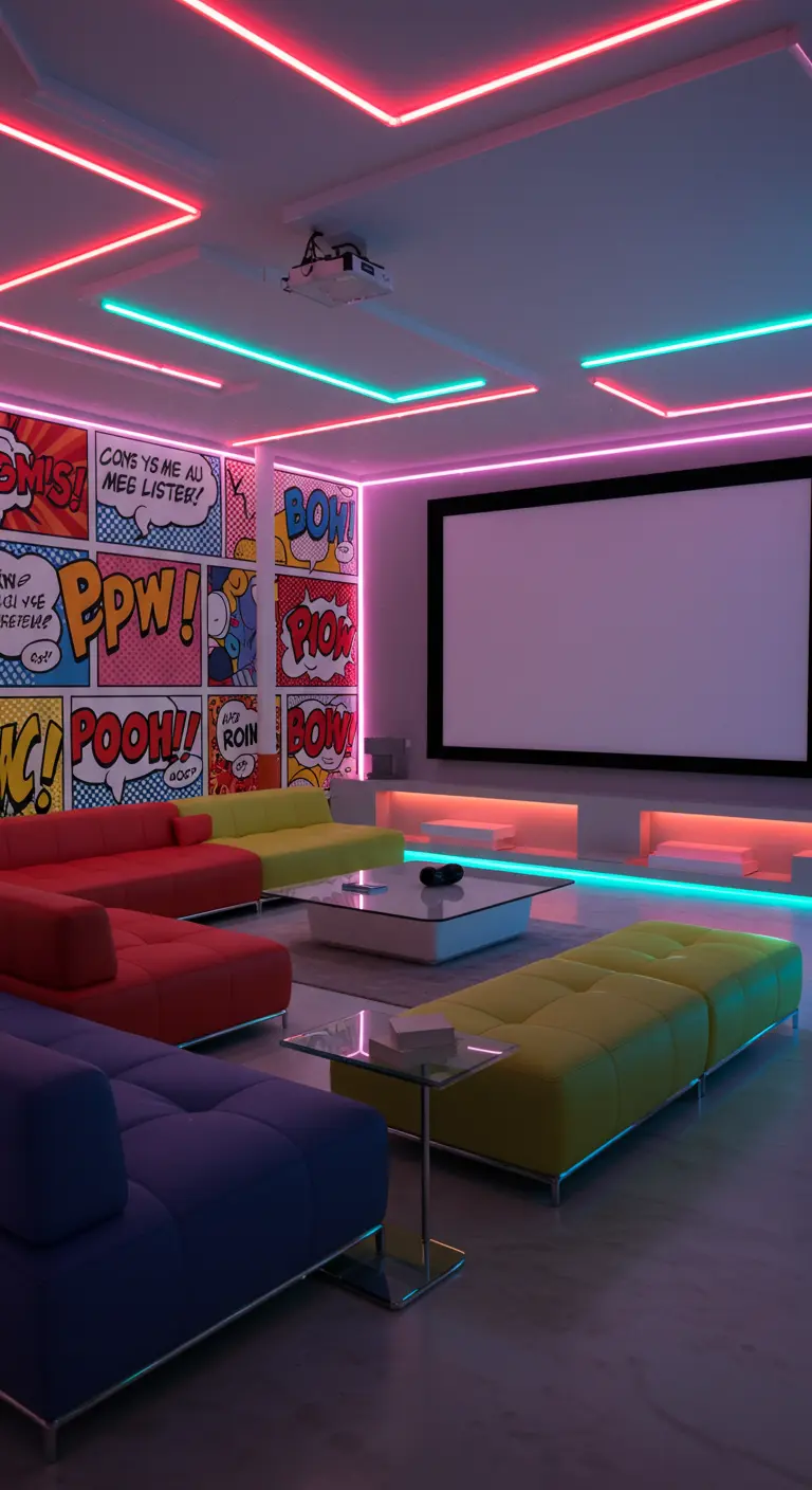 Moderne filmruimte met pop-art muren, neonlijnen en kleurrijke, strakke meubels.