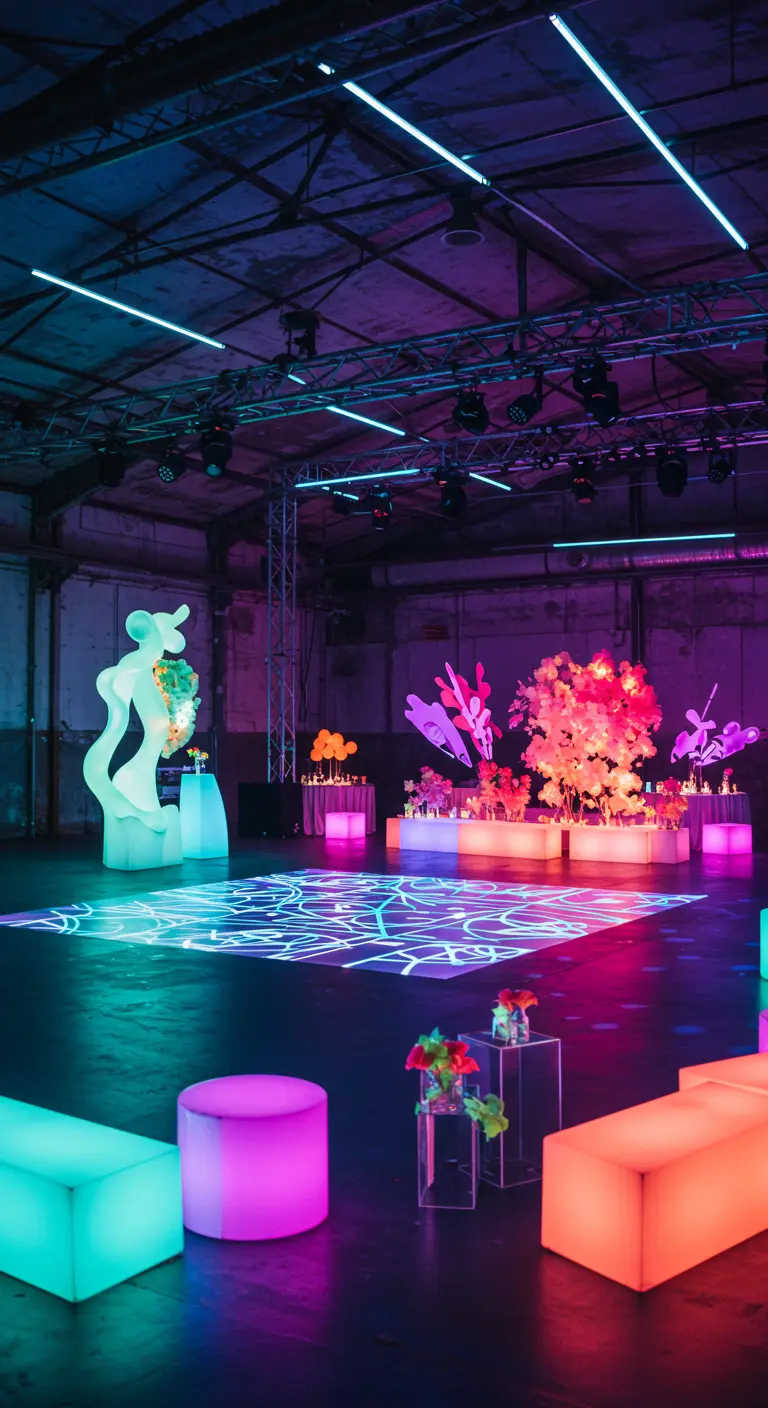 Feestzaal met neonverlichting in roze, blauw en paars, en lichtgevende meubels.