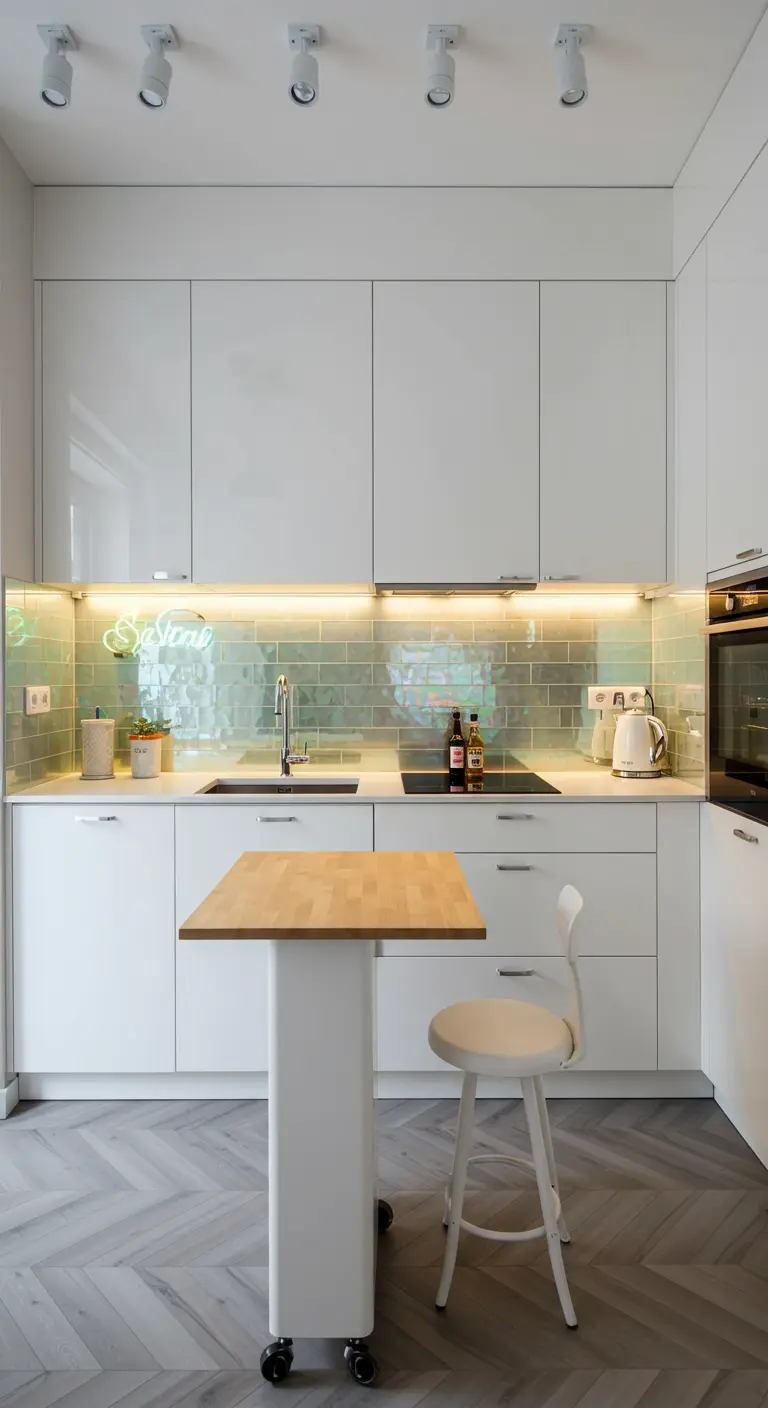 Kleine witte keuken met glanzende kasten, mintgroene tegels, neon sign en mobiel eiland.