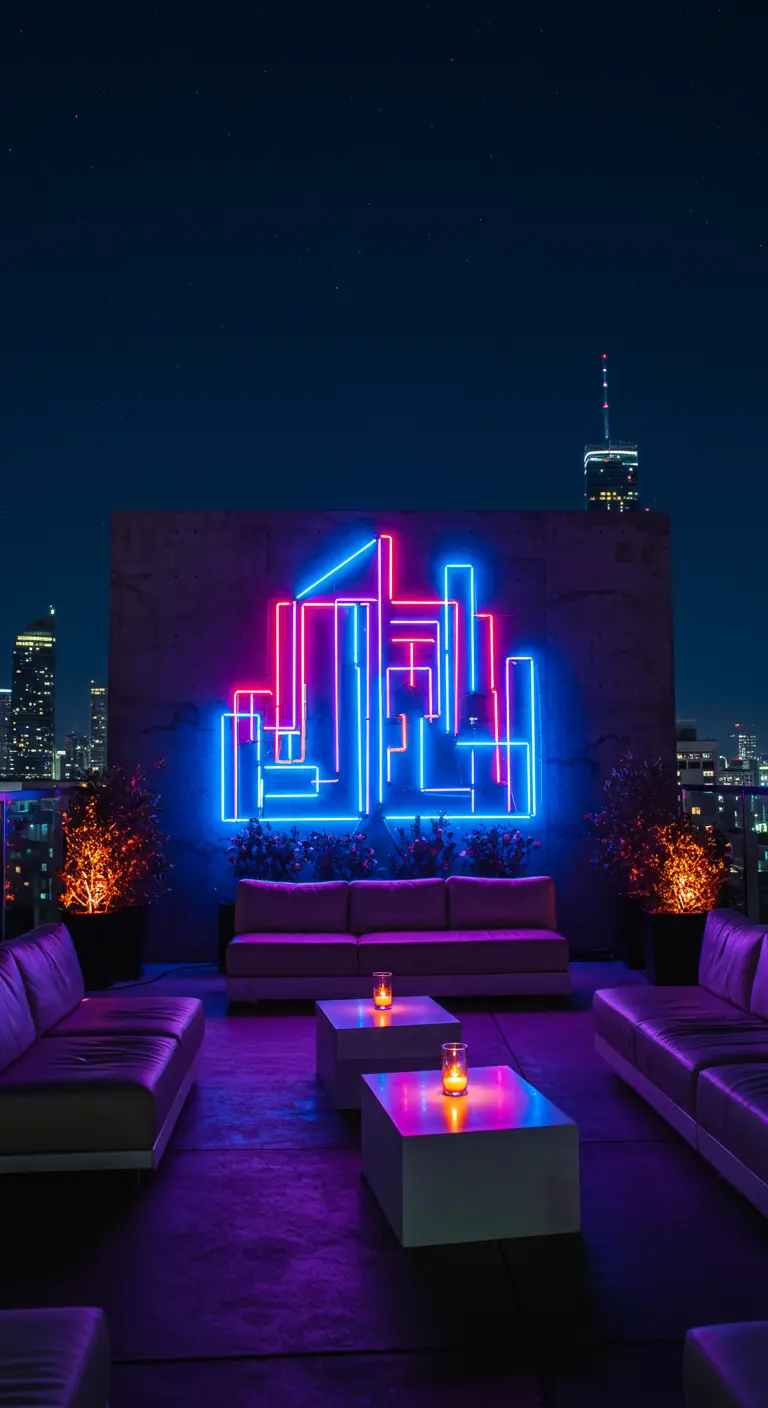 Grote neon skyline kunstinstallatie op een muur van een dakterras met loungebanken en kaarslicht.