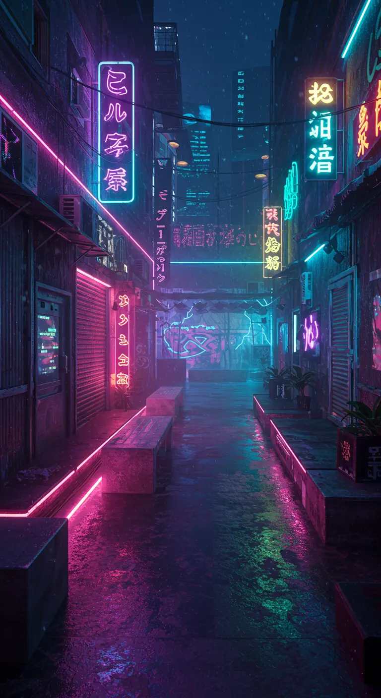 Cyberpunk neonstraatje met lichtreclames, stenen bankjes en natte grondreflectie.