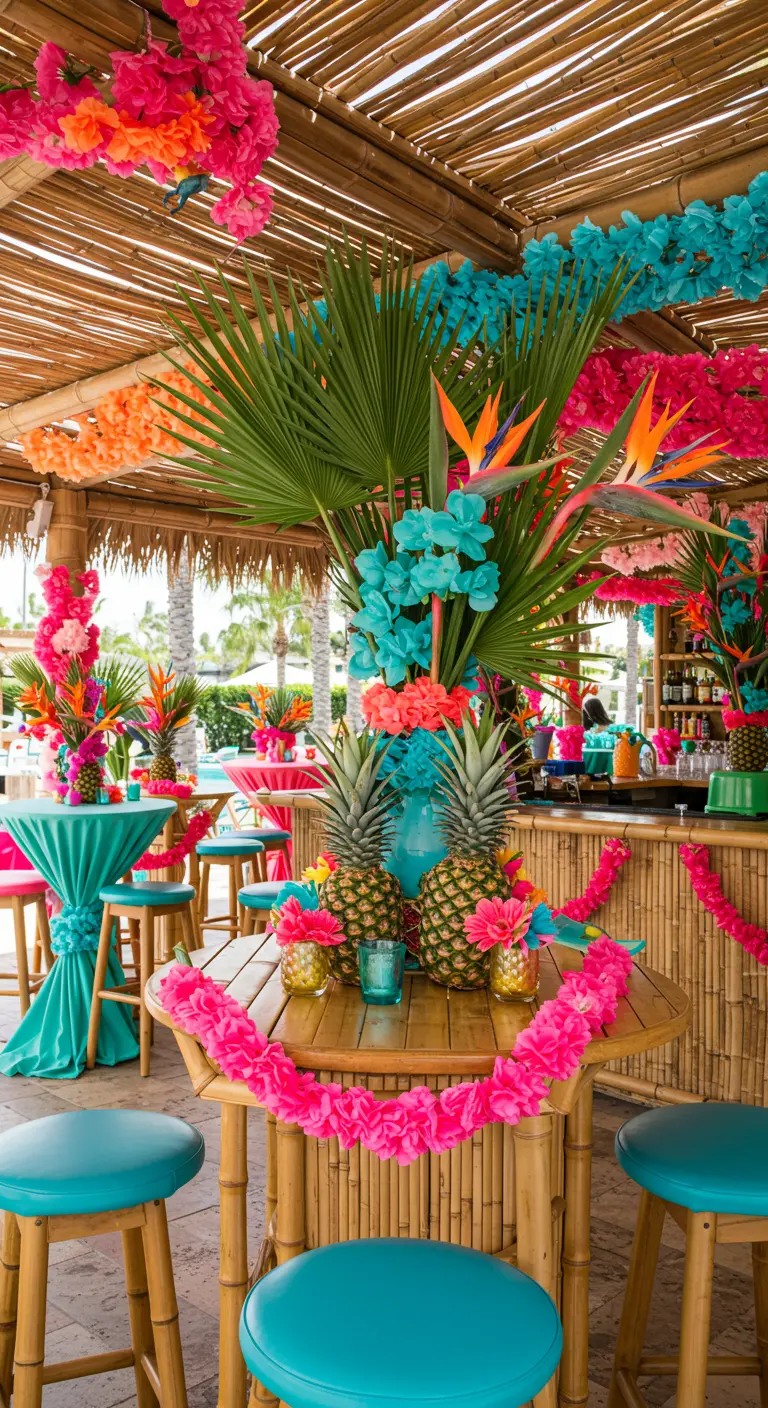Kleurrijke tiki-bar met ananassen en felle bloemenslingers in roze en turquoise.