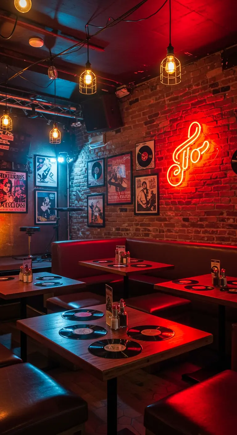 Retro bar-setting met rode neonverlichting, vinylplaten op tafel en posters aan de muur.