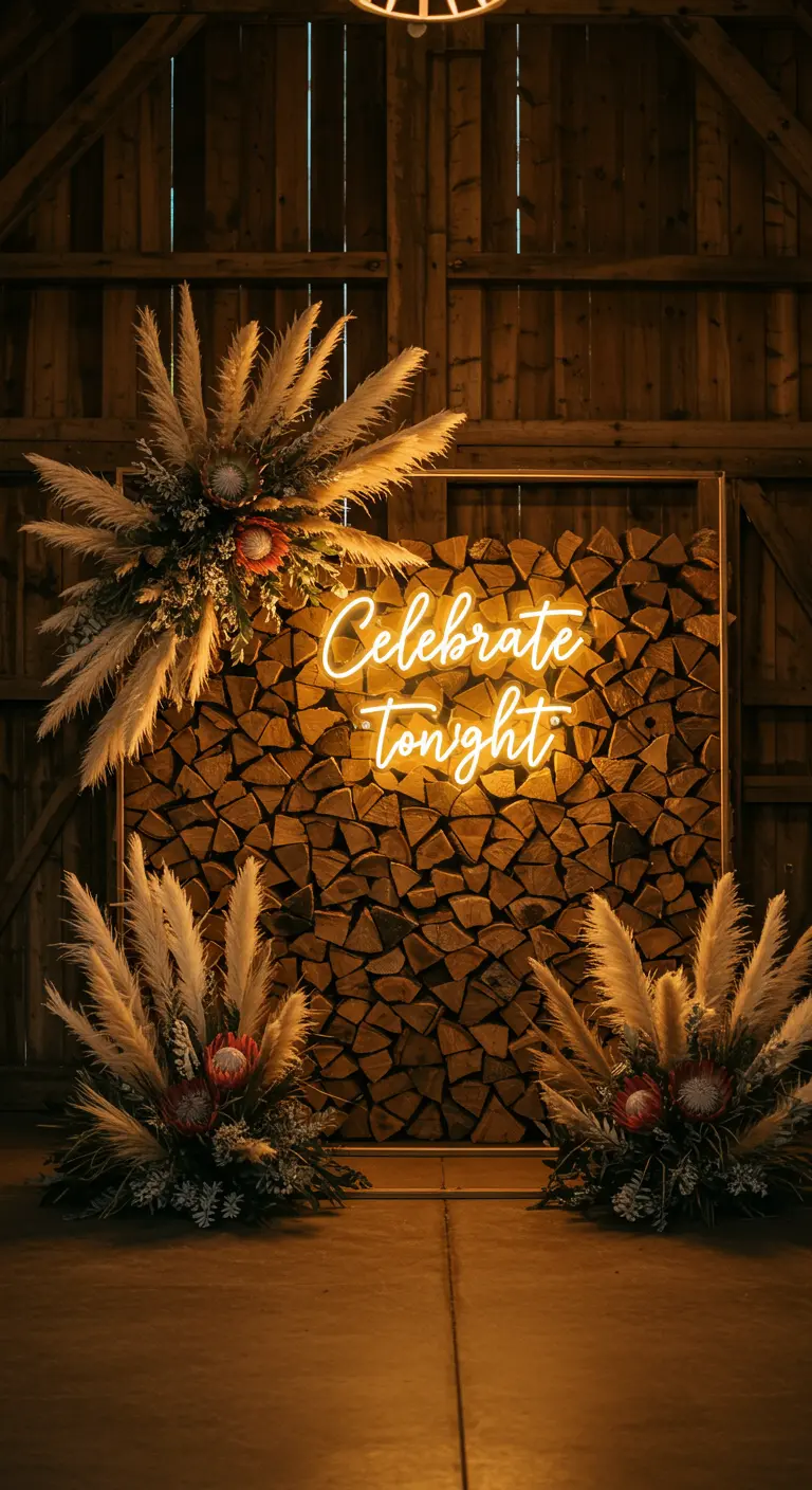 Neonbord met 'Celebrate tonight' tegen een muur van gestapeld hout.