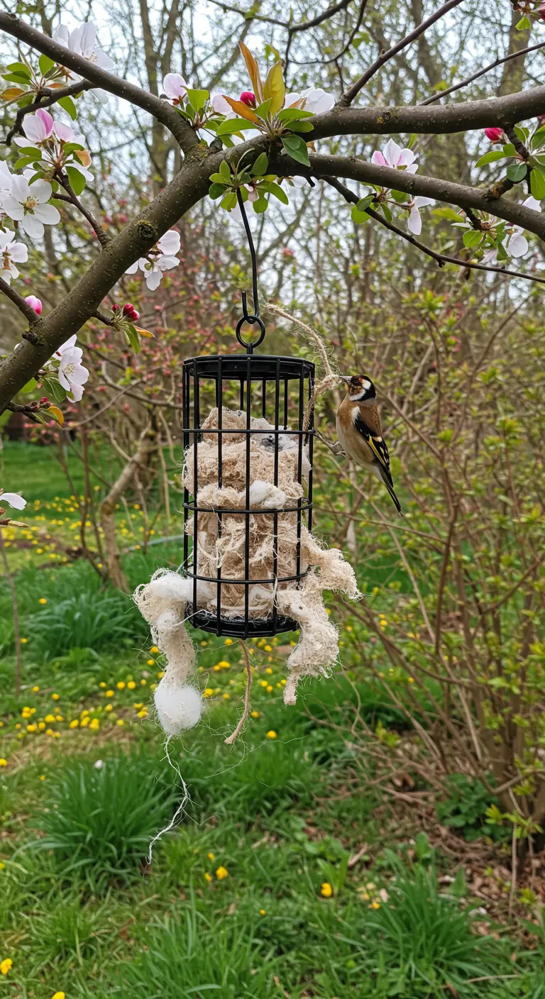 Een puttertje pikt nestmateriaal uit een vogelvoederhouder gevuld met plukjes stof en touw.