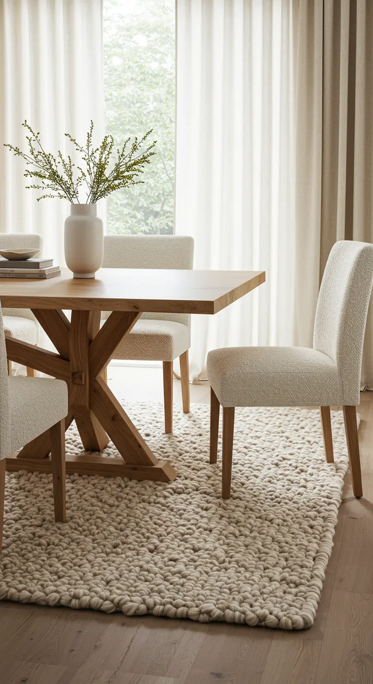 Neutrale eetkamer met een robuuste houten tafel op een dik, geknoopt crèmekleurig wollen tapijt.