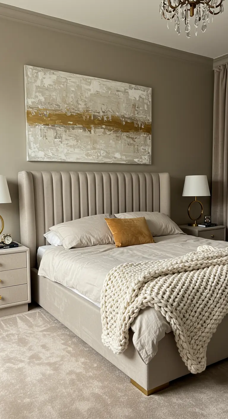 Neutrale slaapkamer in beige tinten met abstract schilderij met goud.