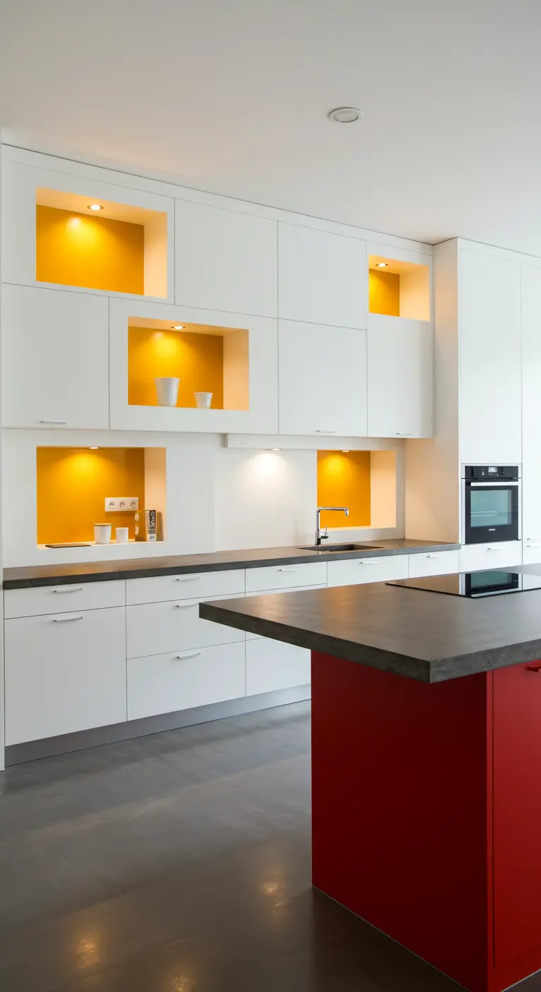 Witte keuken met gele verlichte nisjes en een rood kookeiland.