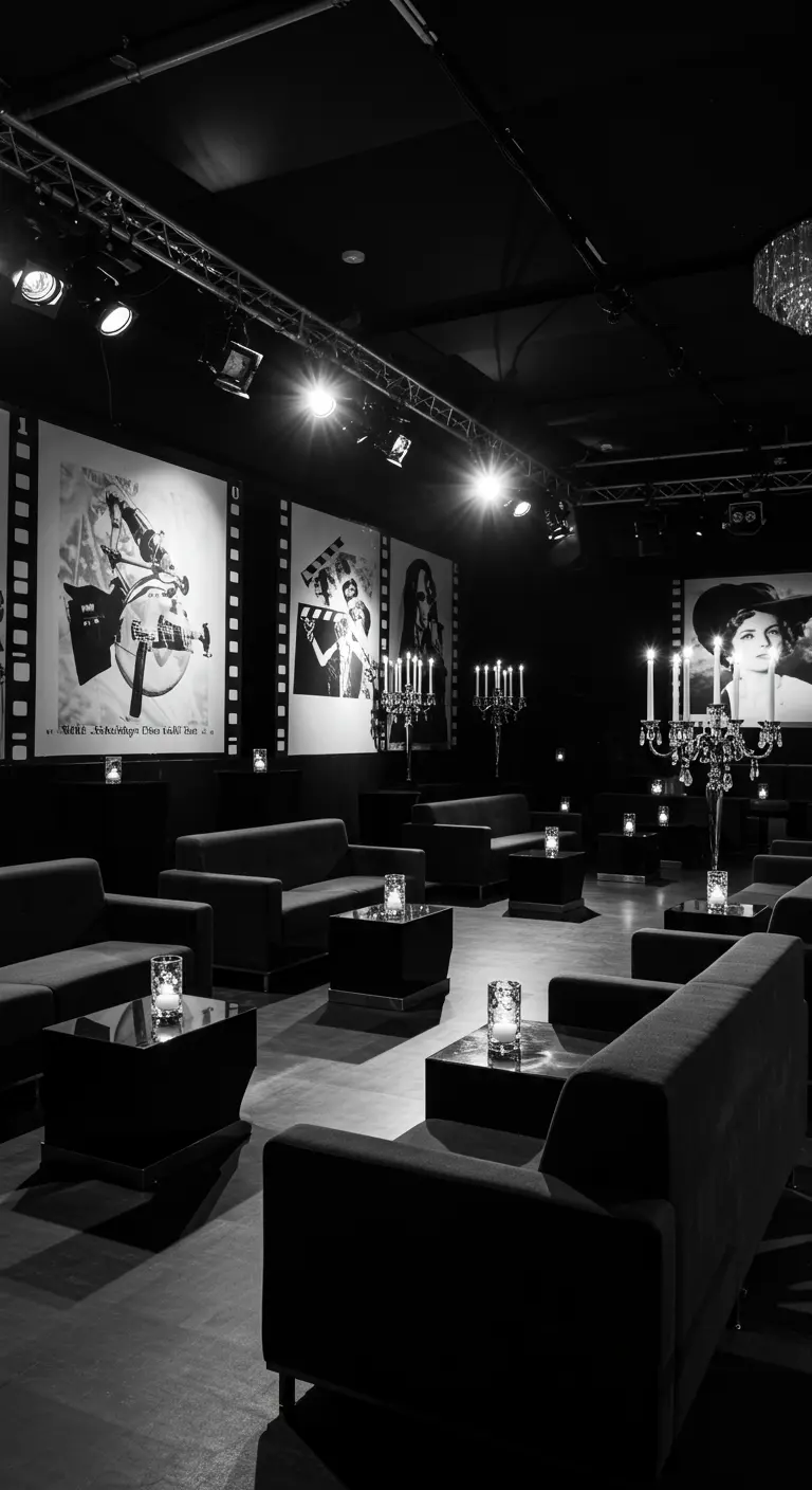 Stijlvolle zwart-wit film lounge met strakke banken en filmthema wandkunst.