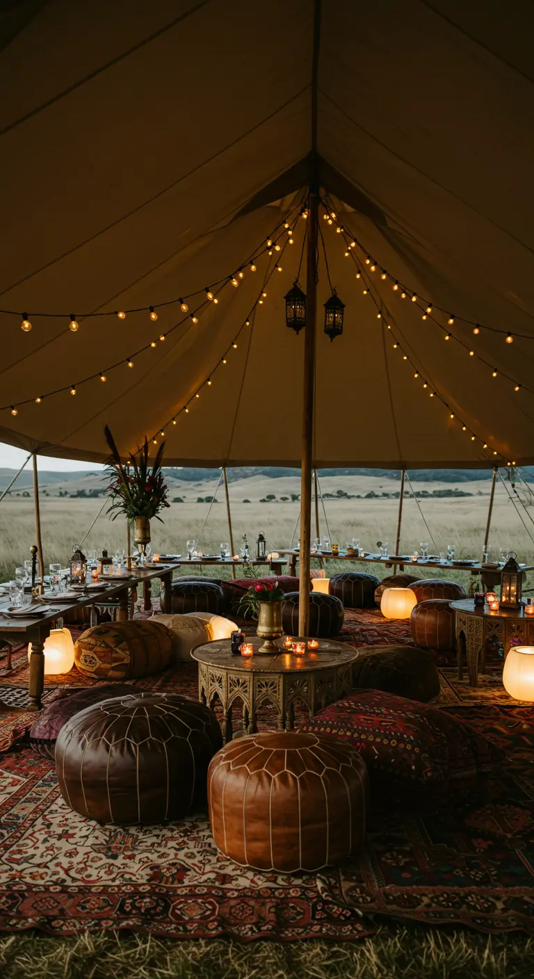 Grote tent met Marokkaanse vloerkleden, poefs, lantaarns en lage tafels voor een evenement.