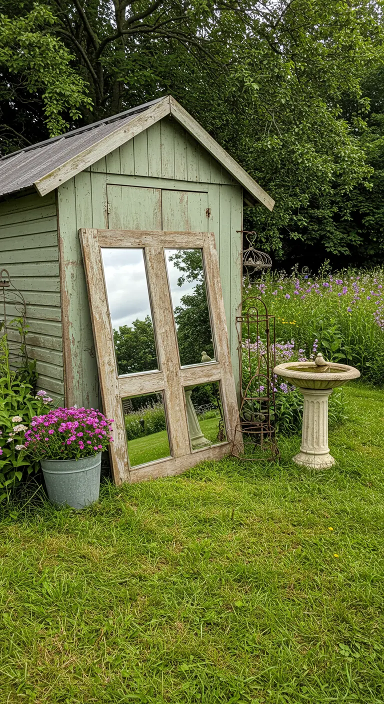 Oud raamkozijn met spiegels leunt tegen een groen tuinhuisje.