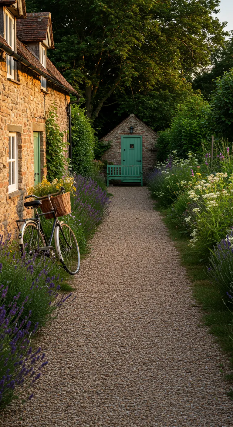 Grindpad geflankeerd door lavendel met een vintage fiets en een huisje met turquoise deur.
