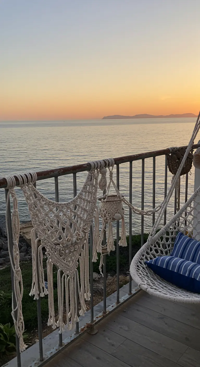 Macramé decoraties en een hangstoel aan een balkonreling met uitzicht op zee.