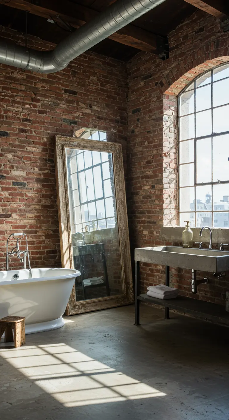 Industriële loft-badkamer met een enorme, oude spiegel die tegen een bakstenen muur leunt.