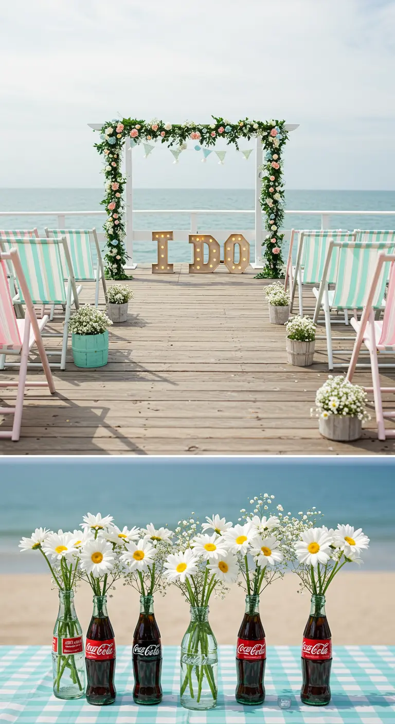 Trouwceremonie op een houten pier met gestreepte strandstoelen en een bloemenboog.