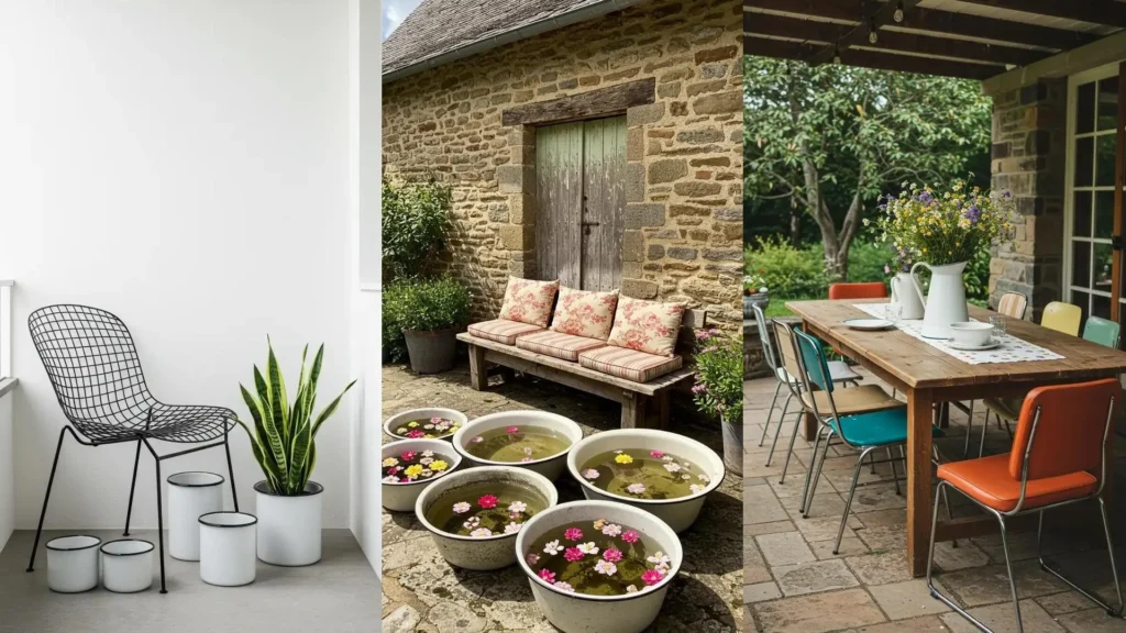 Nostalgische buitenruimtes met retrostoelen, emaille potten en details met bloemenprints.