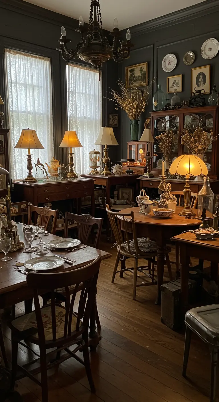 Antieke salon met houten tafels, lampen en ingelijste portretten.