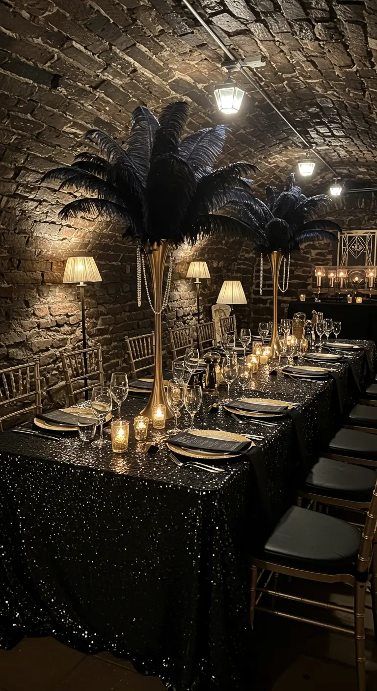 Lange, zwarte dinertafel met pailletten, struisvogelveren en gouden accenten in een kelder.