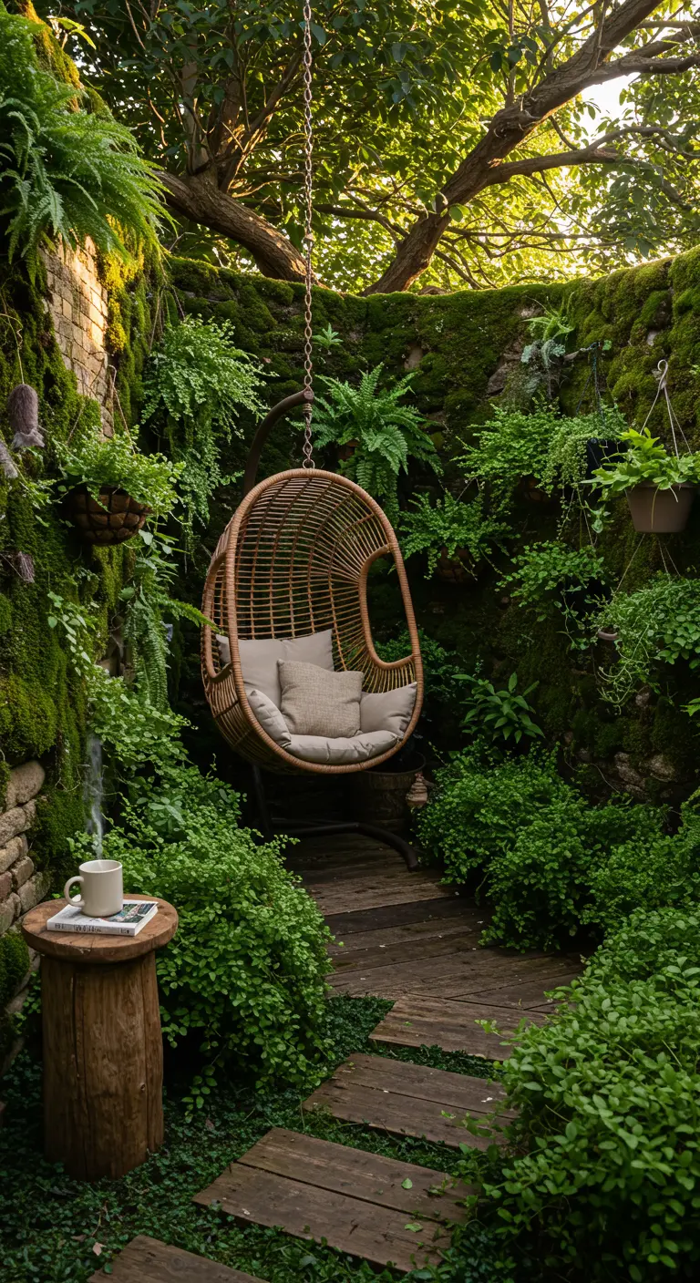 Rotan eierstoel in een mossige tuinmuur alcove met varens en houten krukje.