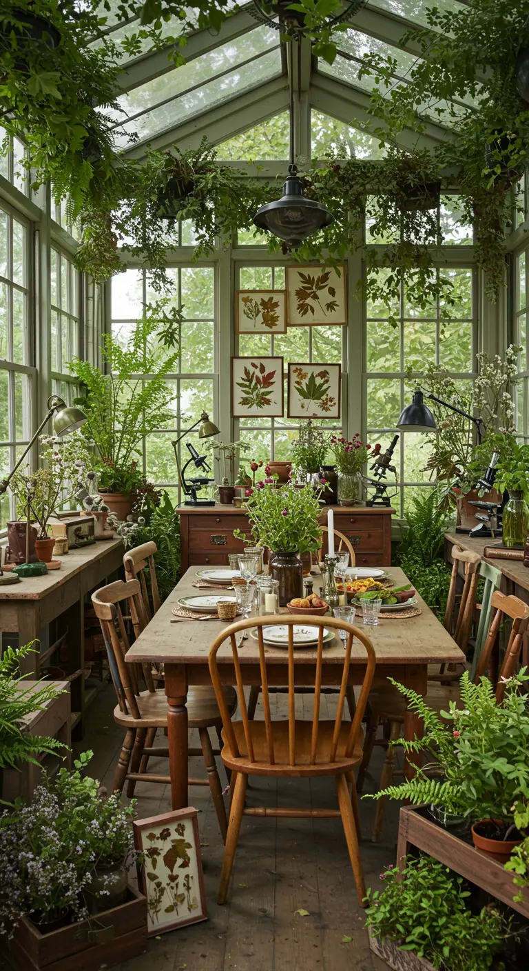 Kas vol planten met houten eettafel en botanische prints aan de muur.