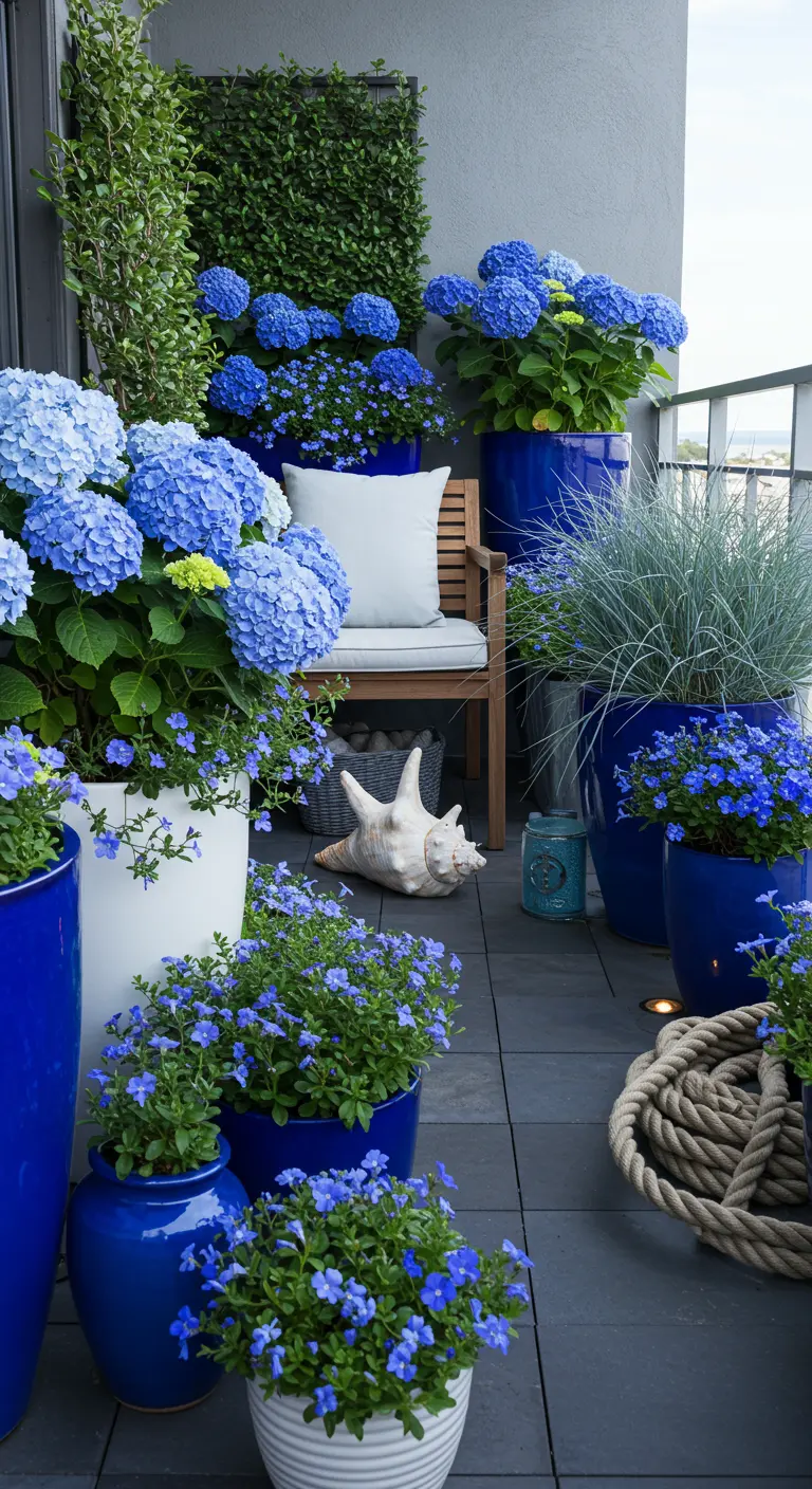 Balkon met overvloedige blauwe hortensia's en salvia's in diverse potten, met groot touw en schelpdecoratie.