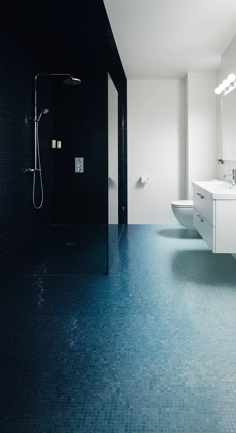 Badkamer met een mozaïekvloer die van donkerblauw in de douche overloopt naar lichtblauw.
