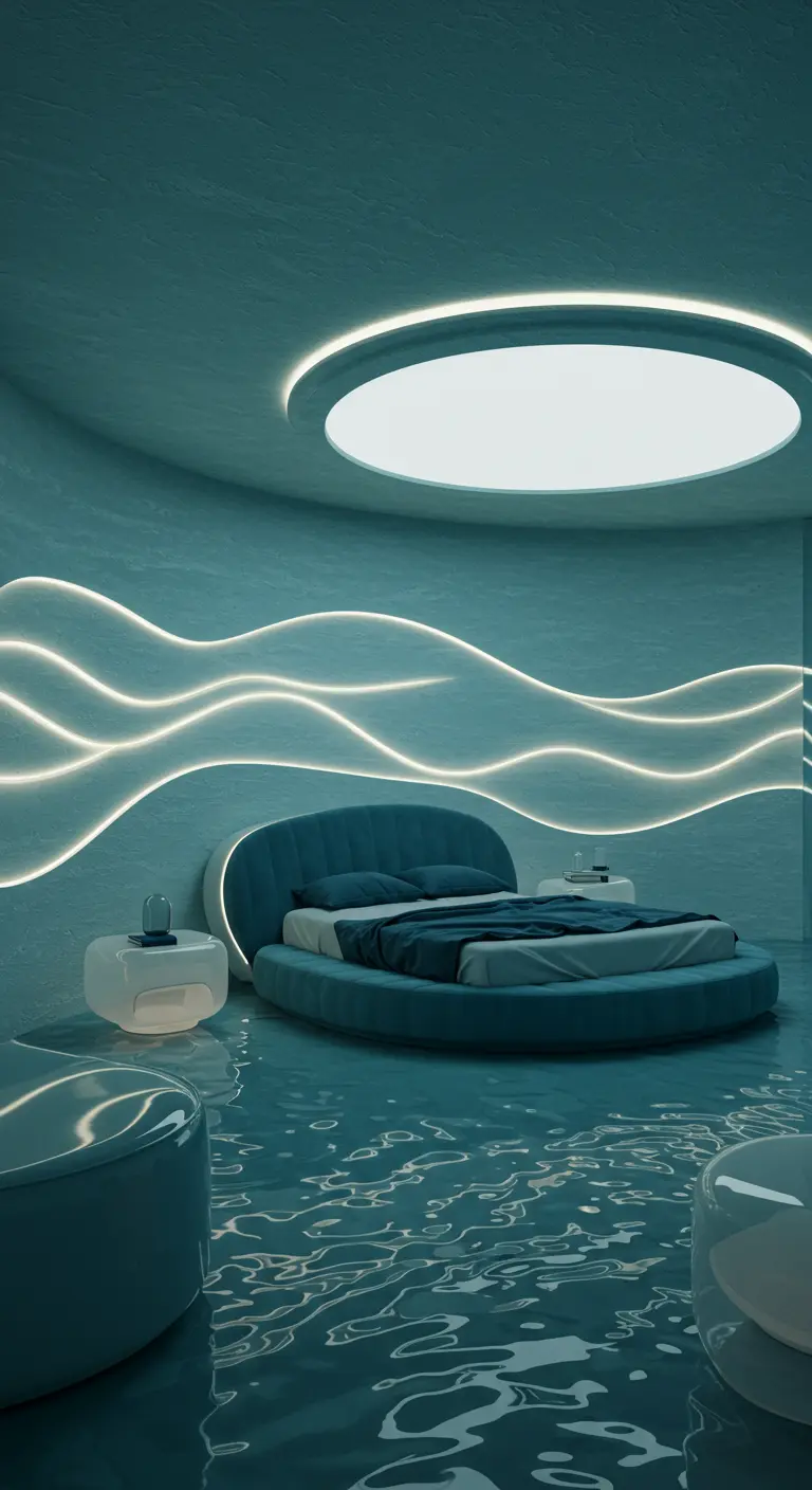 Blauwgroene slaapkamer met rond bed, golvende witte LED-lijnen en ronde plafondlamp.